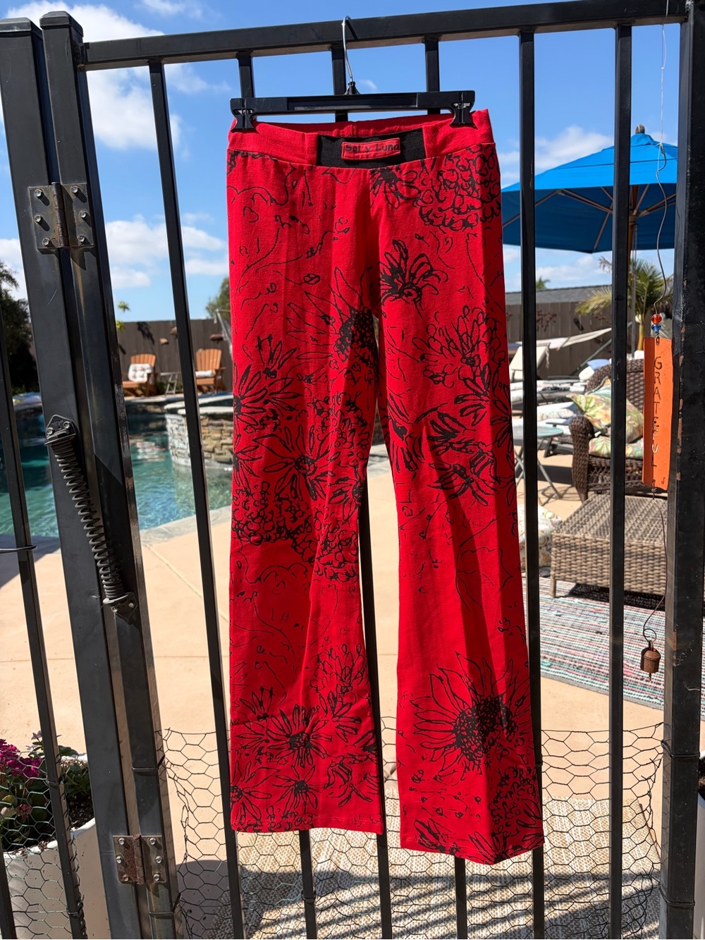 Women's Red Floral Wide-Leg Pants with Black Print